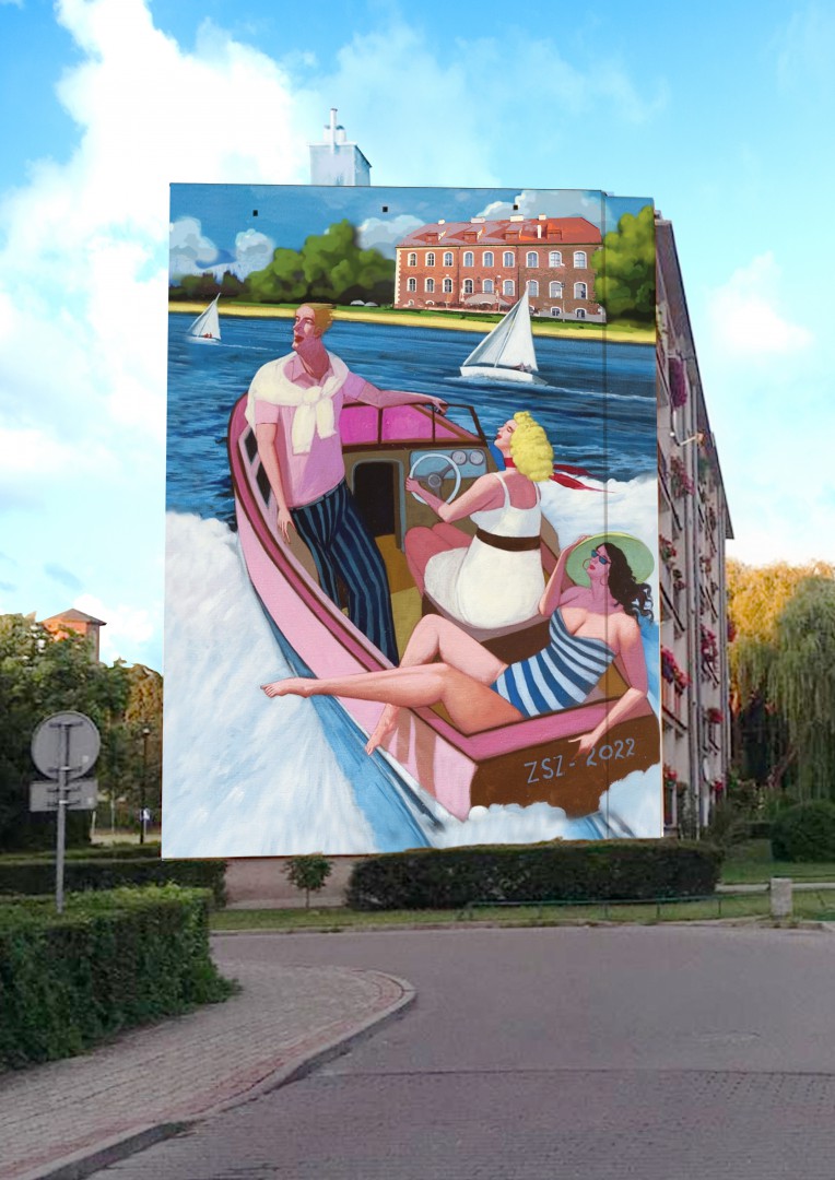 mural osoby na łodzi kolorowo ubrane dwie kobiety i mężczyzna mural osoby na łodzi kolorowo ubrane dwie kobiety i mężczyzna