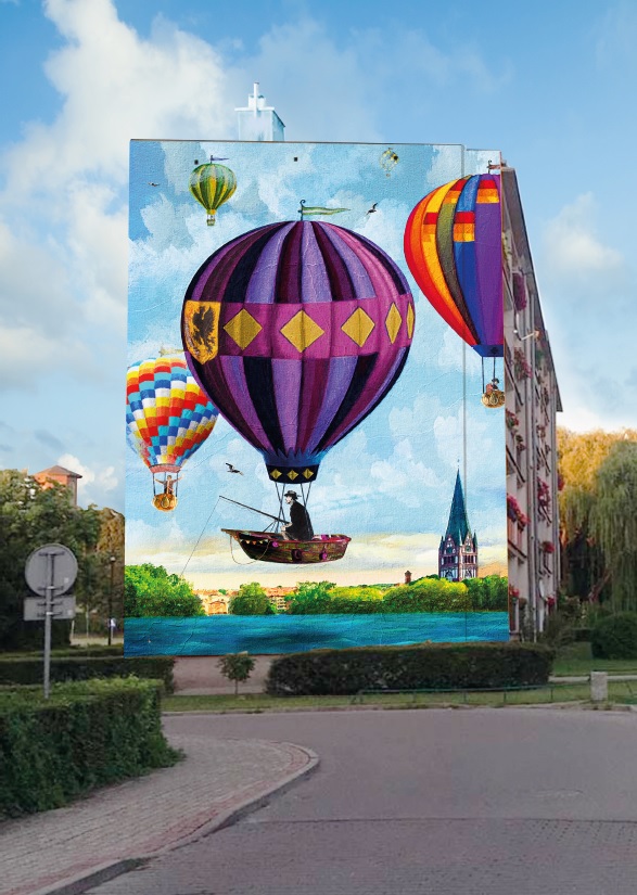 Zdjęcie przedstawiające mural na którym jest widoczny lot balonem Zdjęcie przedstawiające mural na którym jest widoczny lot balonem