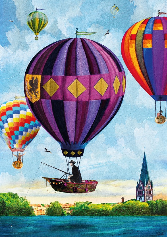 Zdjęcie przedstawiające mural, na którym widać latające balony, w jednym z czterech balonów rybak ło